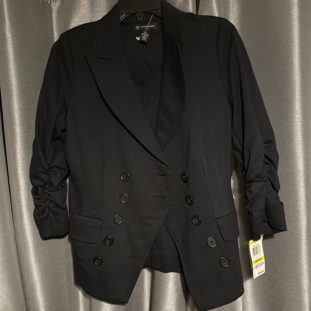 I.N.C. Black Cropped Asymmetrical Ruched Sleeve Button Cardigan Blazer